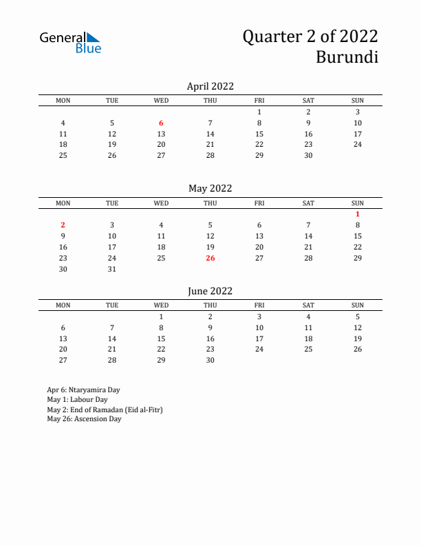 Quarter 2 2022 Burundi Quarterly Calendar