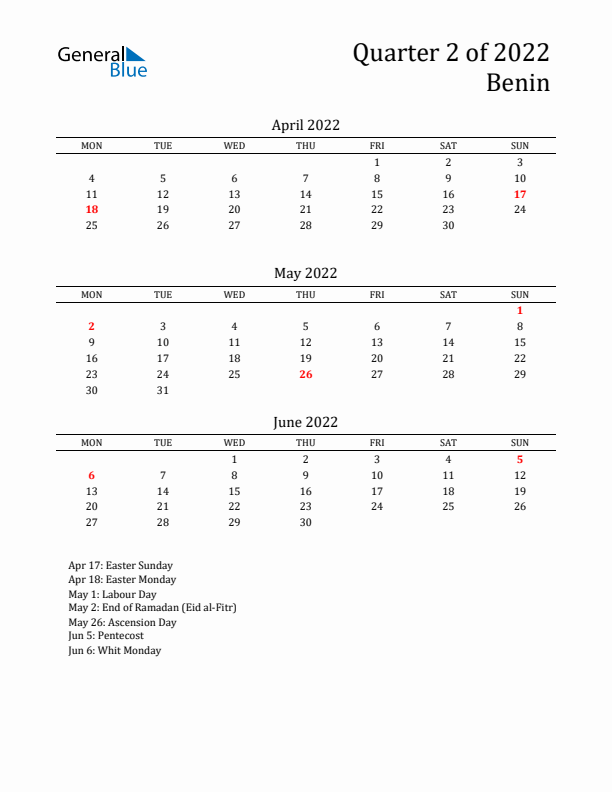 Quarter 2 2022 Benin Quarterly Calendar