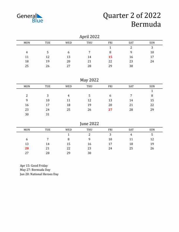 Quarter 2 2022 Bermuda Quarterly Calendar