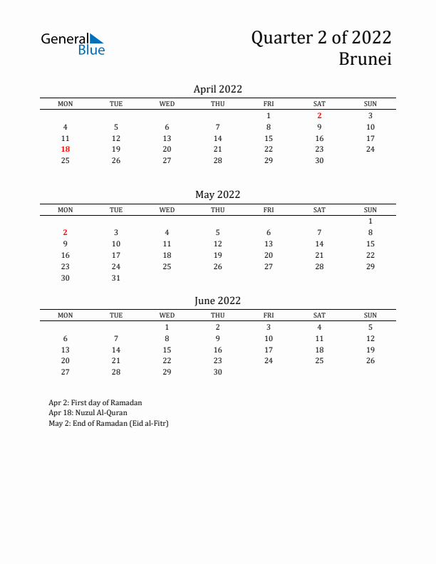 Quarter 2 2022 Brunei Quarterly Calendar