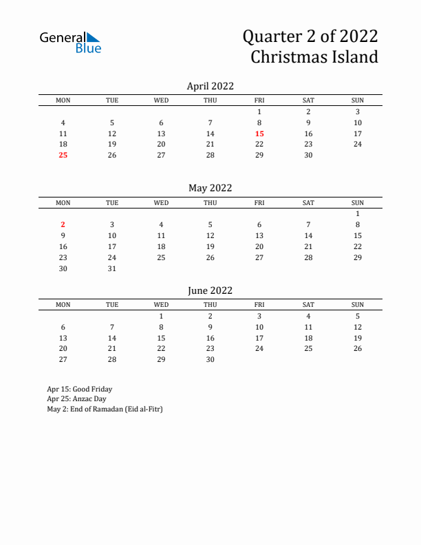 Quarter 2 2022 Christmas Island Quarterly Calendar