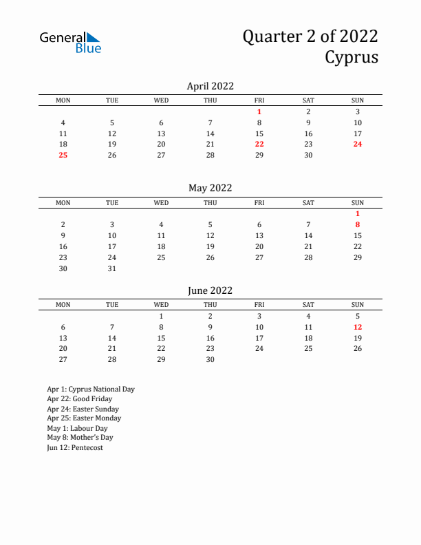 Quarter 2 2022 Cyprus Quarterly Calendar