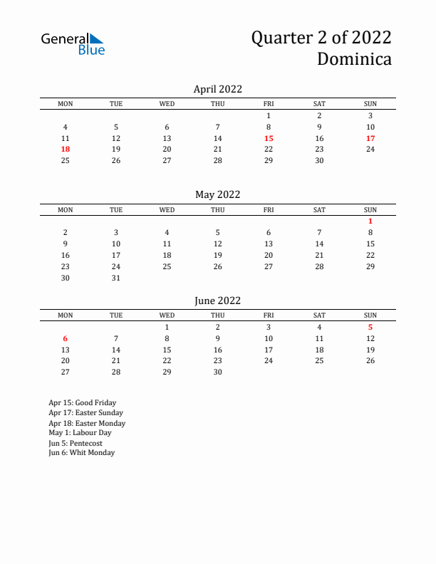 Quarter 2 2022 Dominica Quarterly Calendar