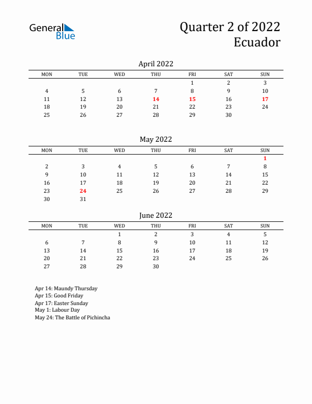 Quarter 2 2022 Ecuador Quarterly Calendar