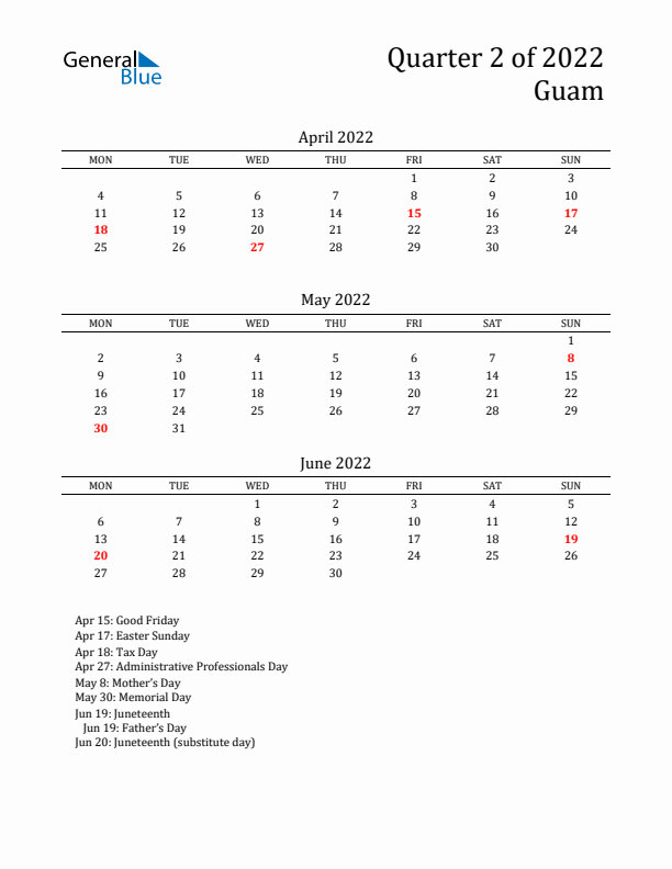 Quarter 2 2022 Guam Quarterly Calendar