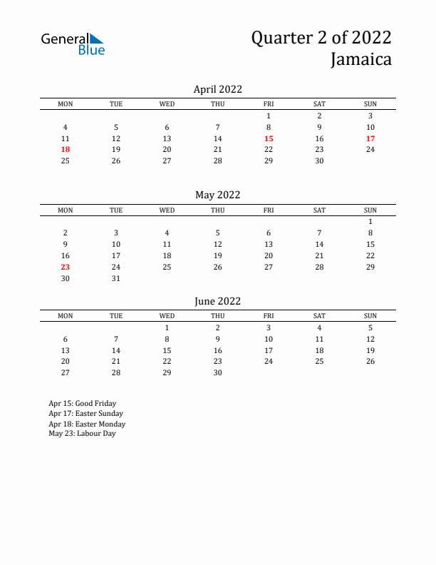 Quarter 2 2022 Jamaica Quarterly Calendar