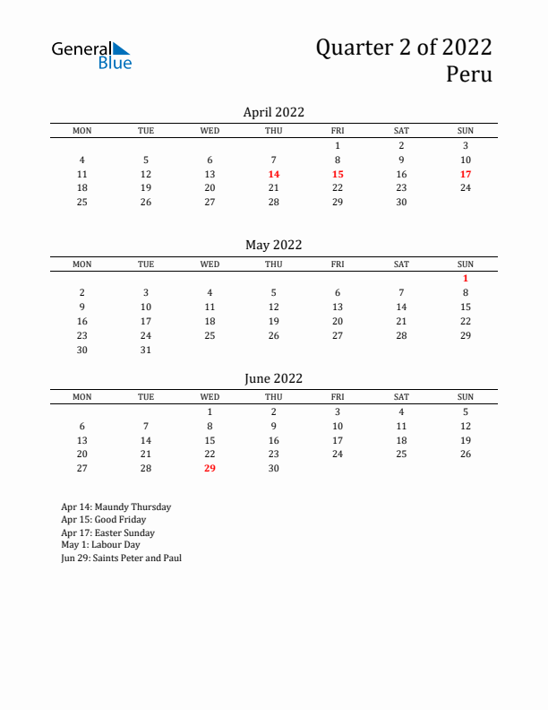Quarter 2 2022 Peru Quarterly Calendar