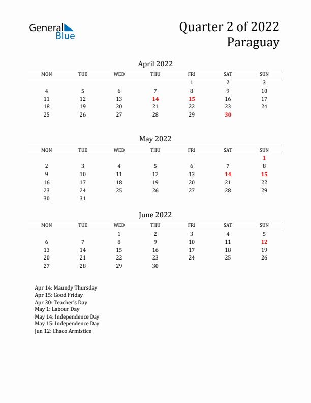 Quarter 2 2022 Paraguay Quarterly Calendar