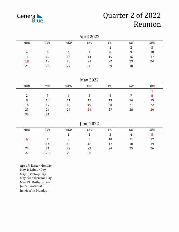 Quarter 2 2022 Reunion Quarterly Calendar