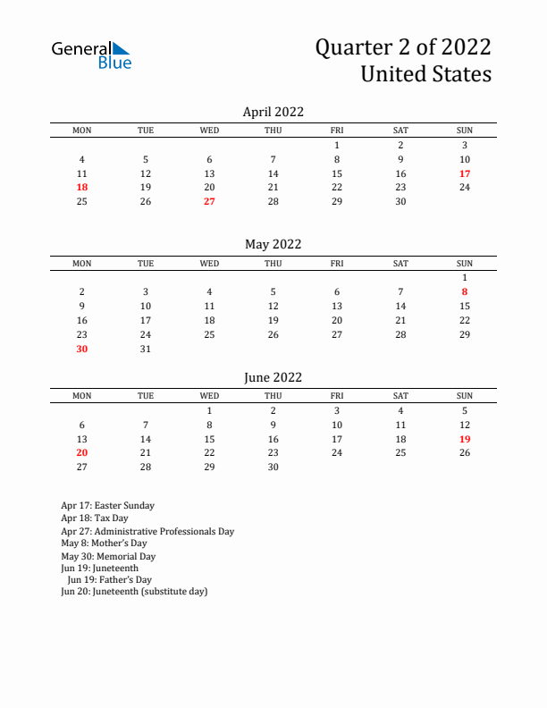 Quarter 2 2022 United States Quarterly Calendar