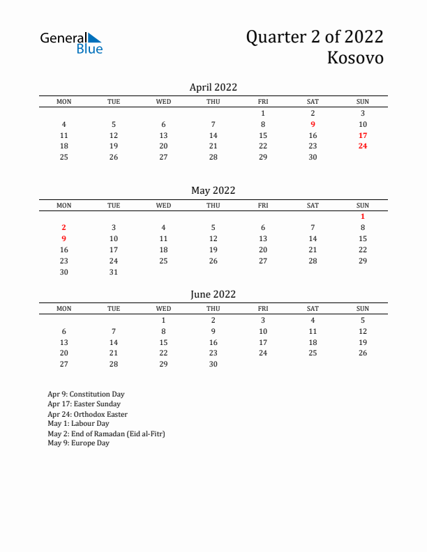 Quarter 2 2022 Kosovo Quarterly Calendar