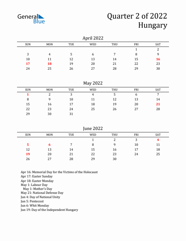 Quarter 2 2022 Hungary Quarterly Calendar