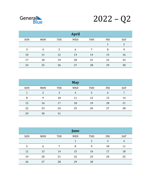 2022 Q2 Three Month Quarterly Calendar