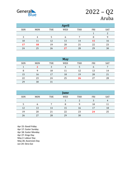  Three-Month Planner for Q2 2022 with Holidays