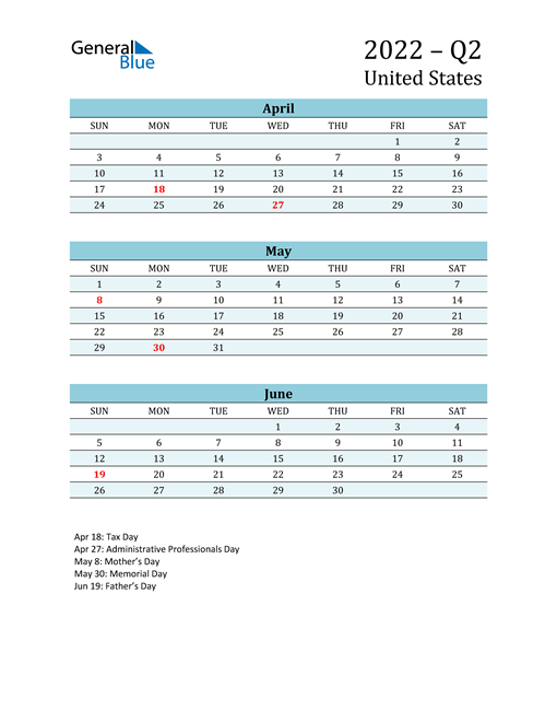  Three-Month Planner for Q2 2022 with Holidays