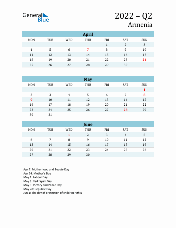 Three-Month Planner for Q2 2022 with Holidays - Armenia