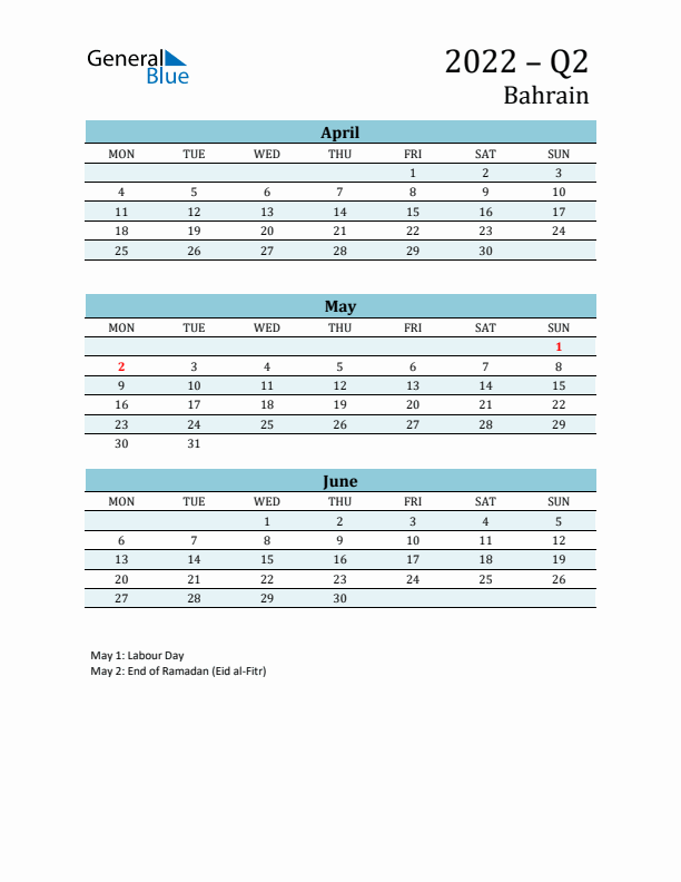 Three-Month Planner for Q2 2022 with Holidays - Bahrain