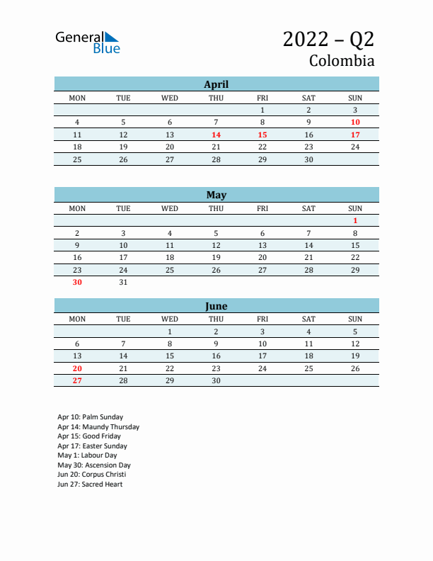 Three-Month Planner for Q2 2022 with Holidays - Colombia