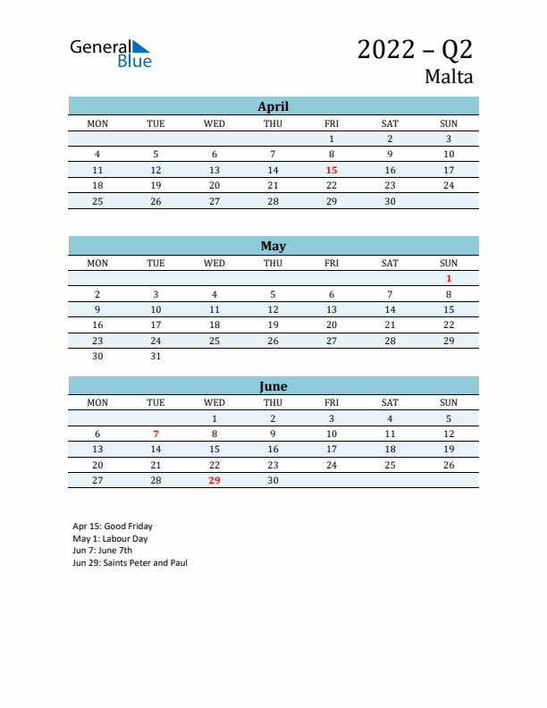 Three-Month Planner for Q2 2022 with Holidays - Malta