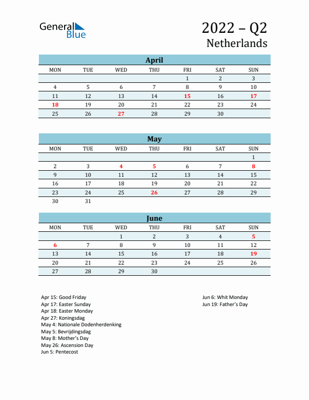 Three-Month Planner for Q2 2022 with Holidays - The Netherlands
