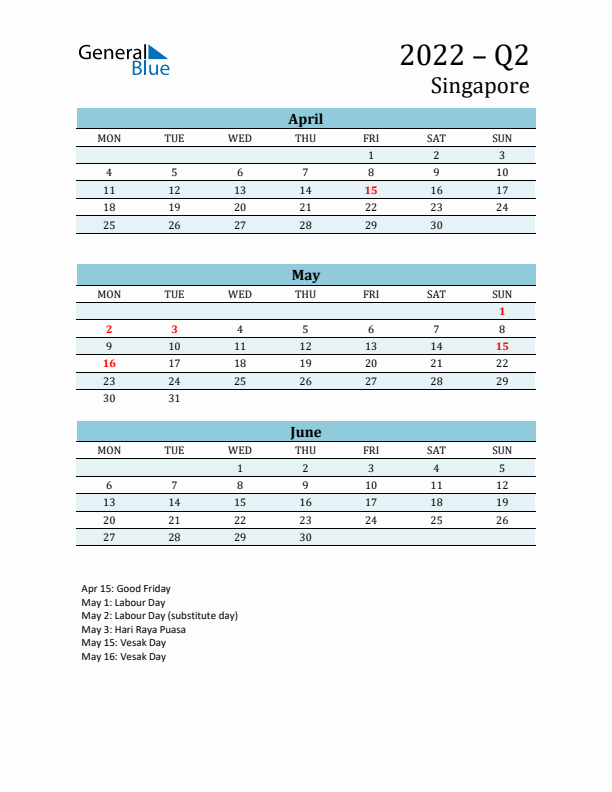 Three-Month Planner for Q2 2022 with Holidays - Singapore