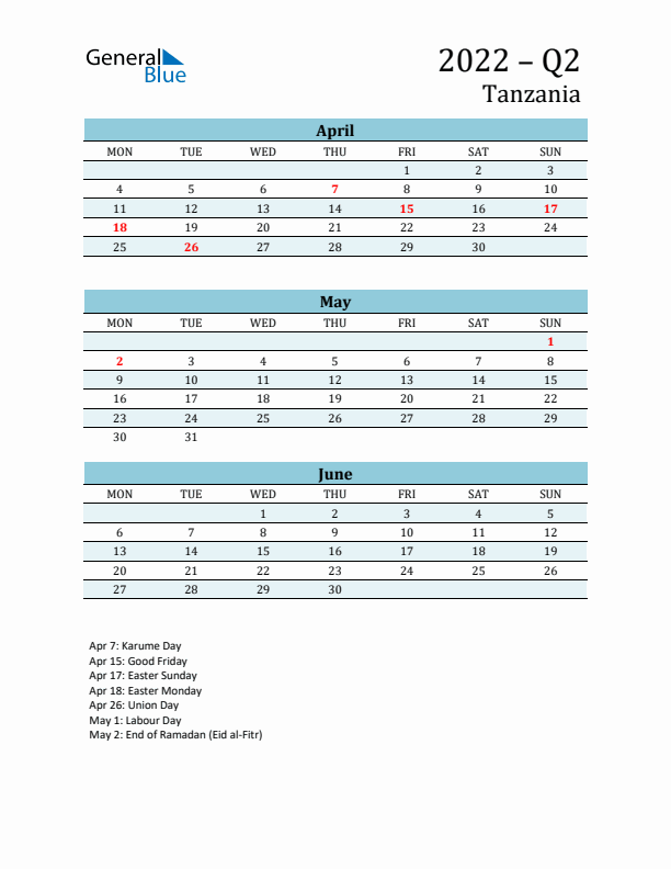 Three-Month Planner for Q2 2022 with Holidays - Tanzania