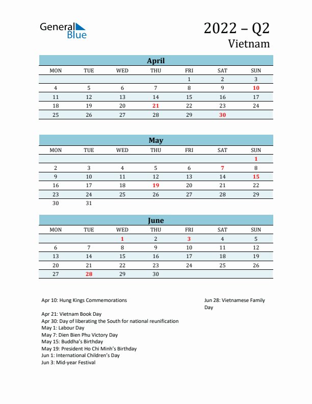 Three-Month Planner for Q2 2022 with Holidays - Vietnam