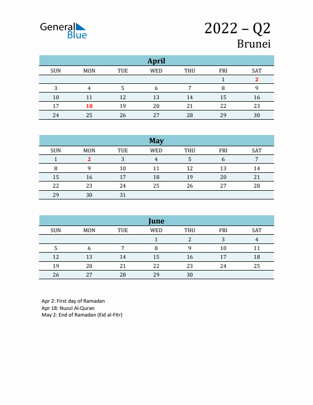 Three-Month Planner for Q2 2022 with Holidays - Brunei