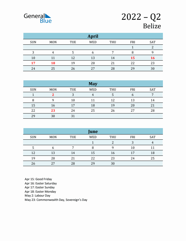 Three-Month Planner for Q2 2022 with Holidays - Belize