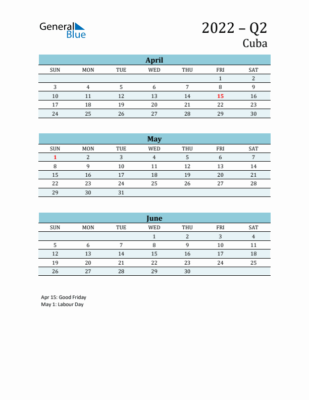 Three-Month Planner for Q2 2022 with Holidays - Cuba