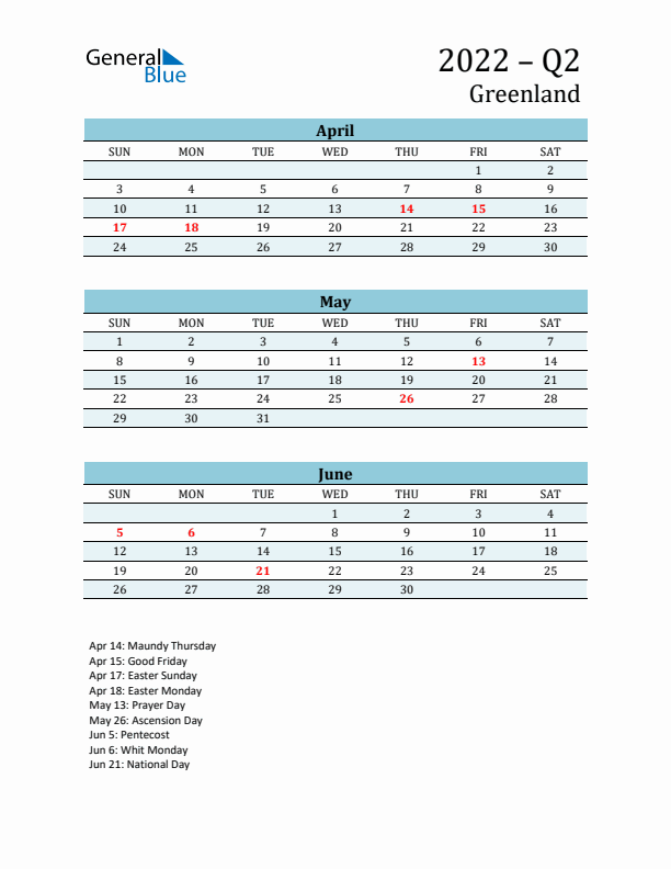Three-Month Planner for Q2 2022 with Holidays - Greenland