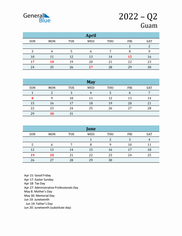 Three-Month Planner for Q2 2022 with Holidays - Guam