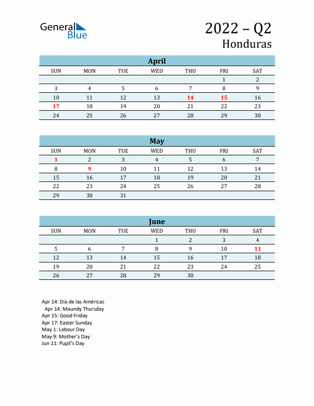 Three-Month Planner for Q2 2022 with Holidays - Honduras