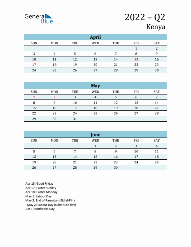 Three-Month Planner for Q2 2022 with Holidays - Kenya