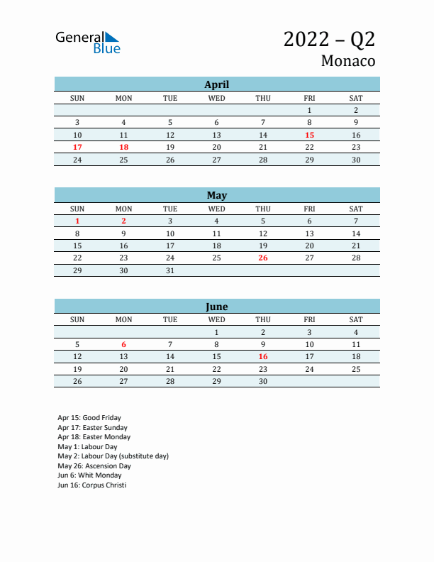 Three-Month Planner for Q2 2022 with Holidays - Monaco