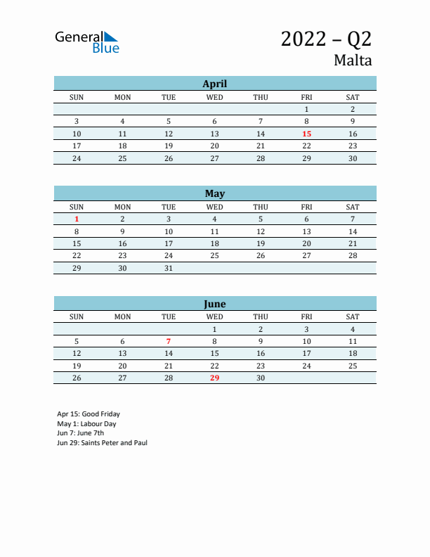 Three-Month Planner for Q2 2022 with Holidays - Malta