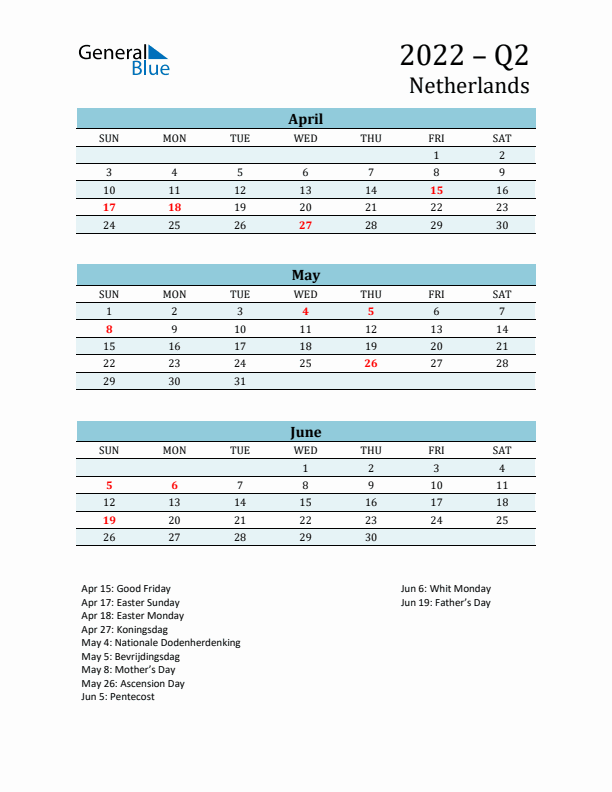 Three-Month Planner for Q2 2022 with Holidays - Netherlands