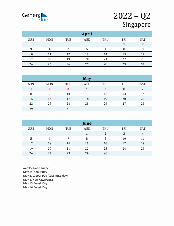 Three-Month Planner for Q2 2022 with Holidays - Singapore
