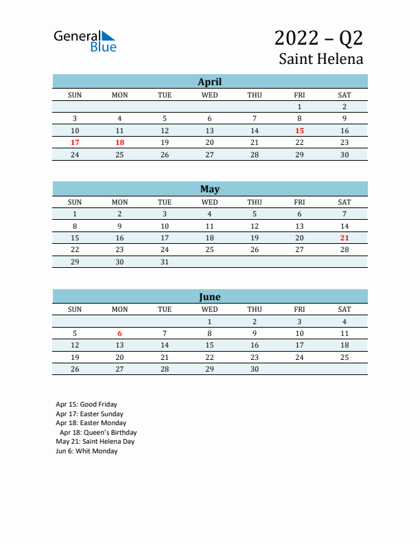 Three-Month Planner for Q2 2022 with Holidays - Saint Helena