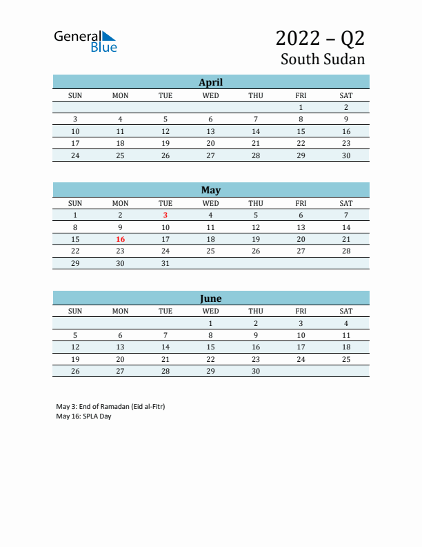 Three-Month Planner for Q2 2022 with Holidays - South Sudan