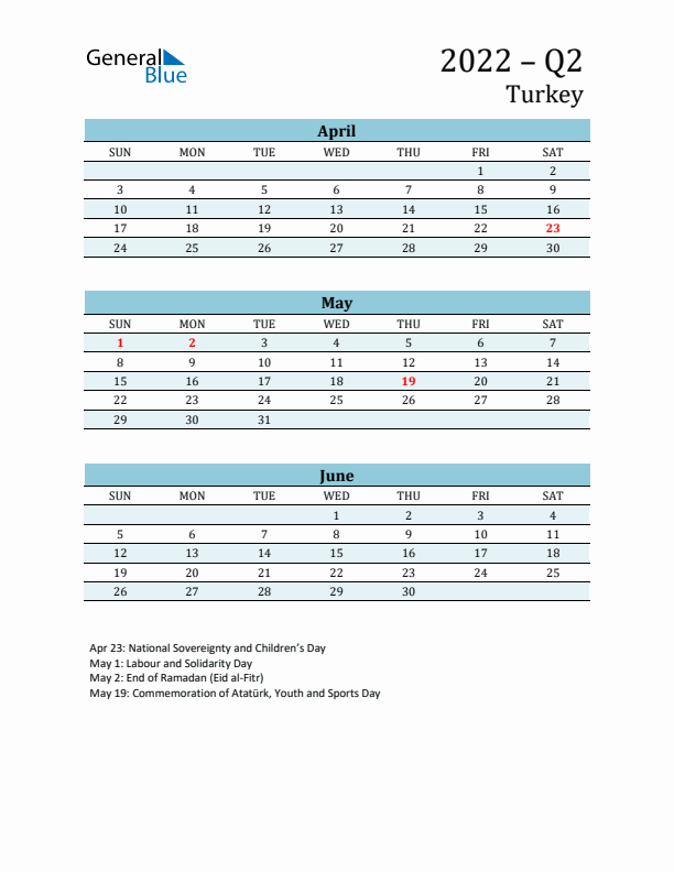 Three-Month Planner for Q2 2022 with Holidays - Turkey