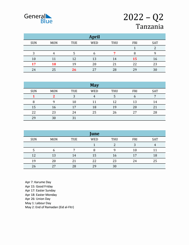 Three-Month Planner for Q2 2022 with Holidays - Tanzania
