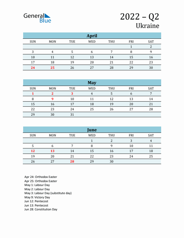 Three-Month Planner for Q2 2022 with Holidays - Ukraine
