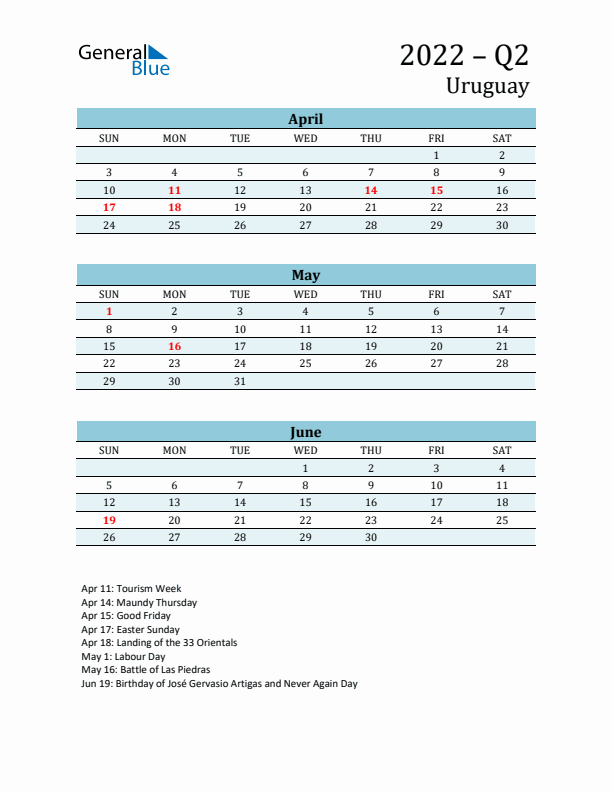 Three-Month Planner for Q2 2022 with Holidays - Uruguay