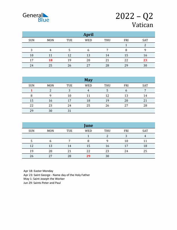 Three-Month Planner for Q2 2022 with Holidays - Vatican