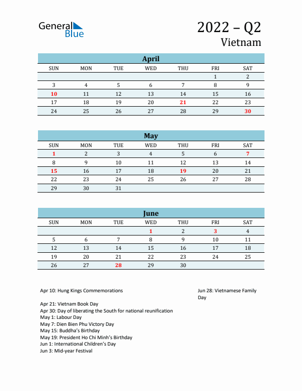Three-Month Planner for Q2 2022 with Holidays - Vietnam