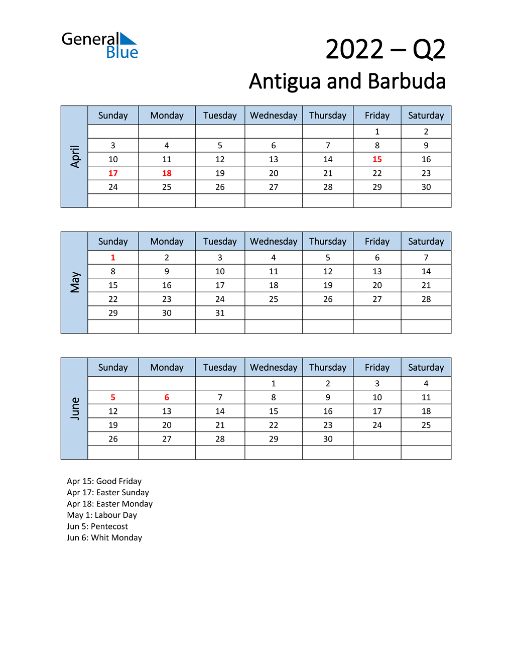  Free Q2 2022 Calendar for Antigua and Barbuda