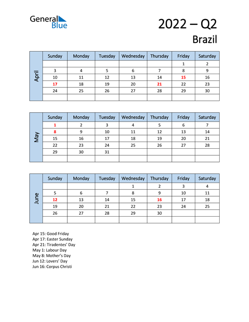  Free Q2 2022 Calendar for Brazil