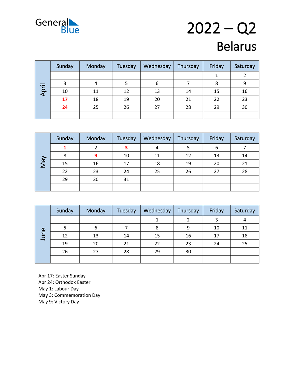  Free Q2 2022 Calendar for Belarus