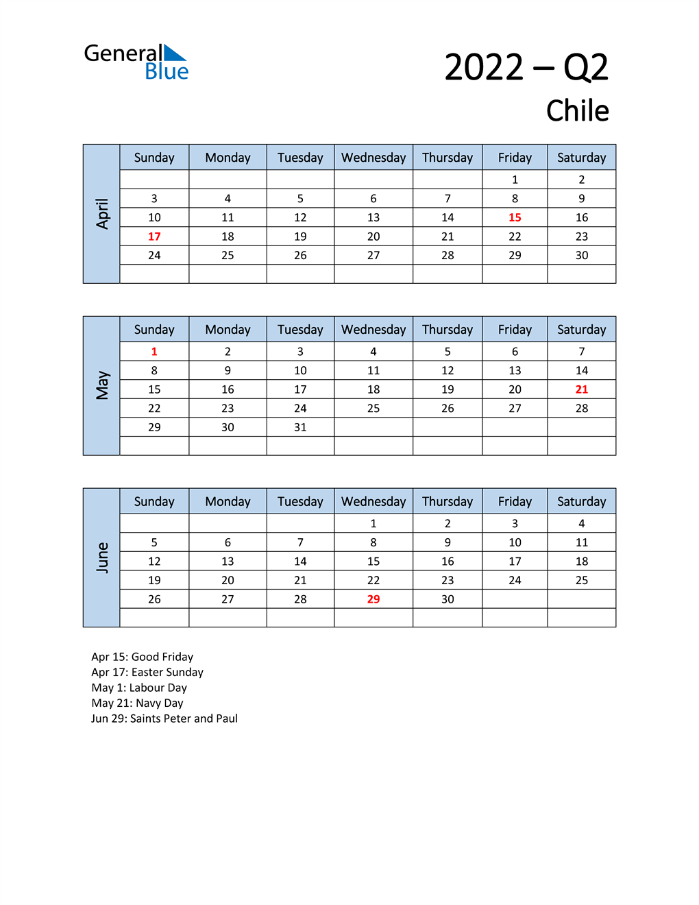  Free Q2 2022 Calendar for Chile